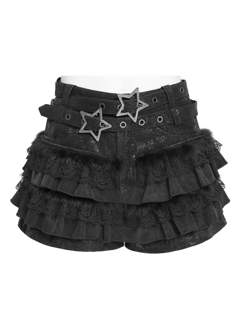 Black Gothic Ruffle Skort with Star Belt Detail featuring layered ruffles and faux fur accents.