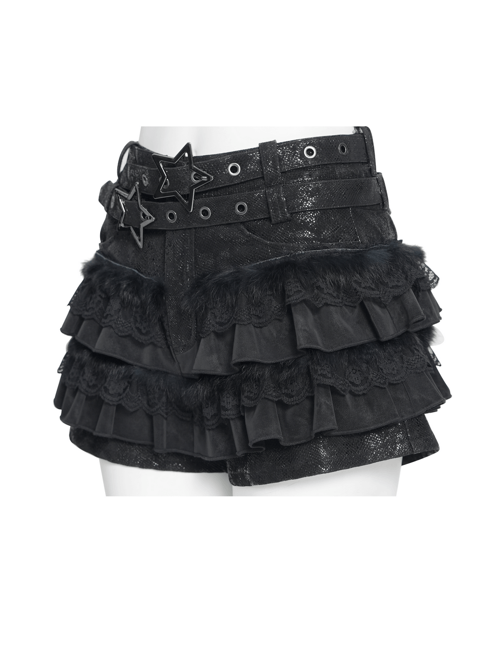 Black Gothic Ruffle Skort with Star Belt Detail showcasing layered ruffles and faux fur accents.
