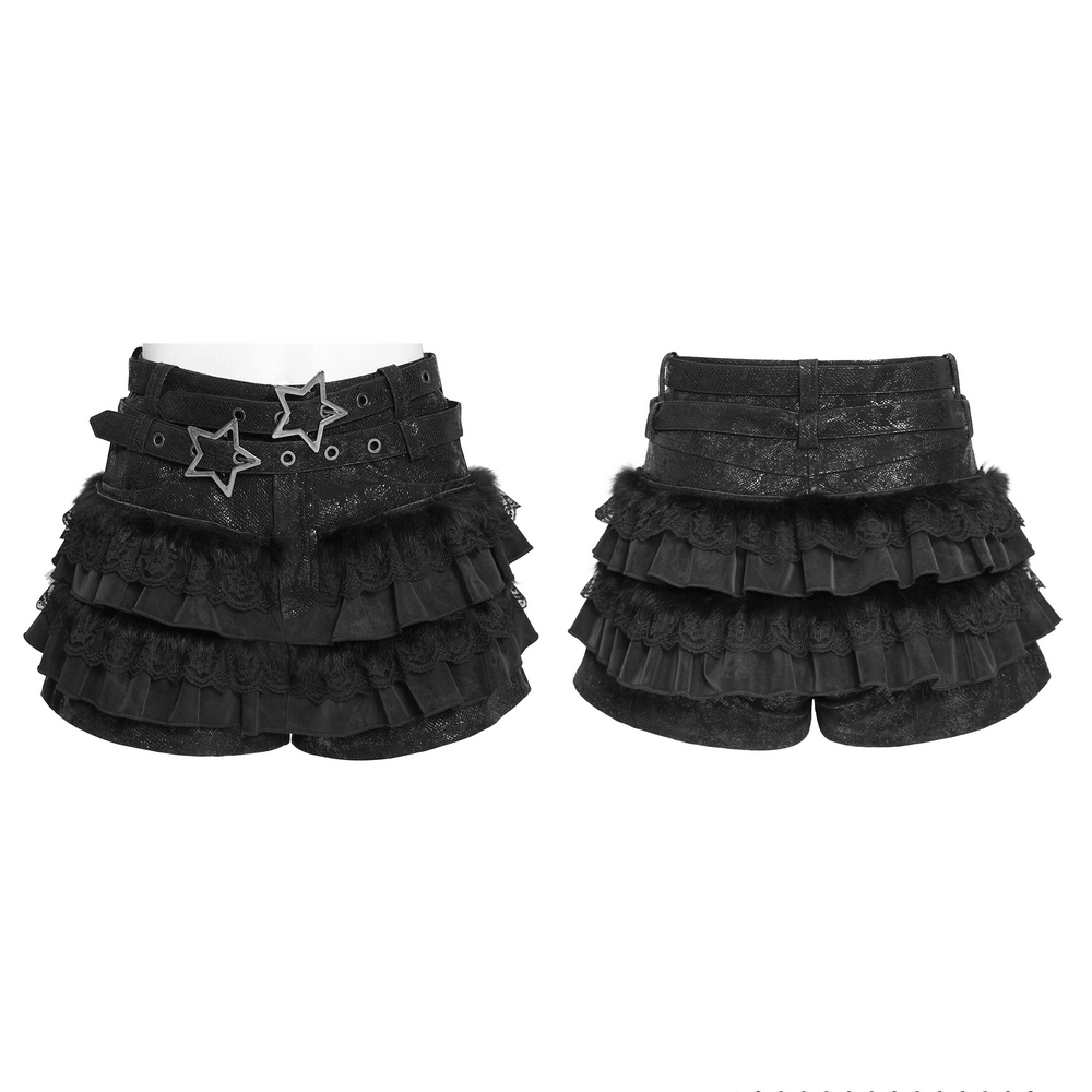Black Gothic Ruffle Skort with Star Belt Detail showcasing layered ruffles and faux fur accents.
