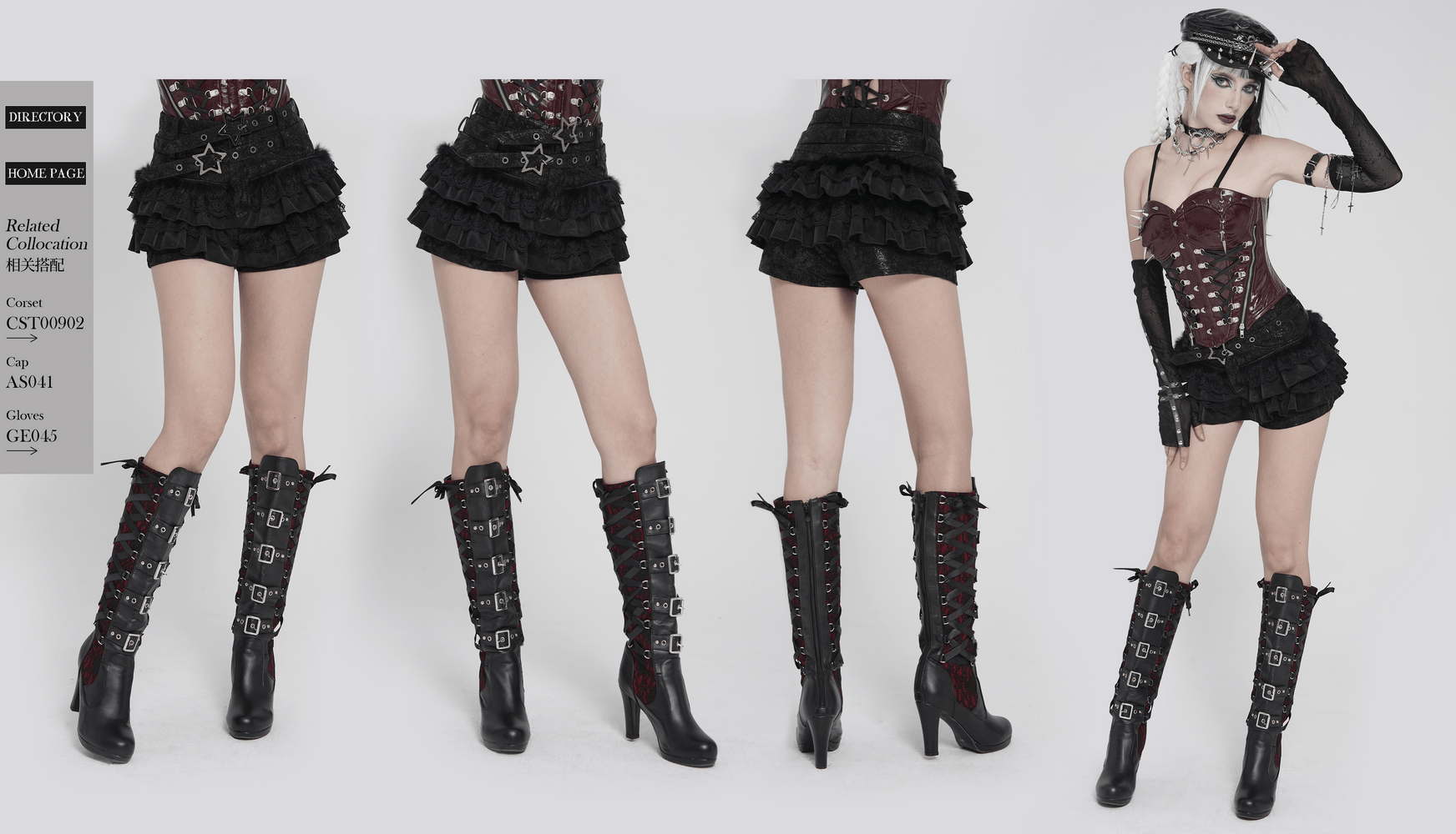 Black Gothic Ruffle Skort with Star Belt Detail styled with black layered ruffles and punk boots in a dramatic pose.