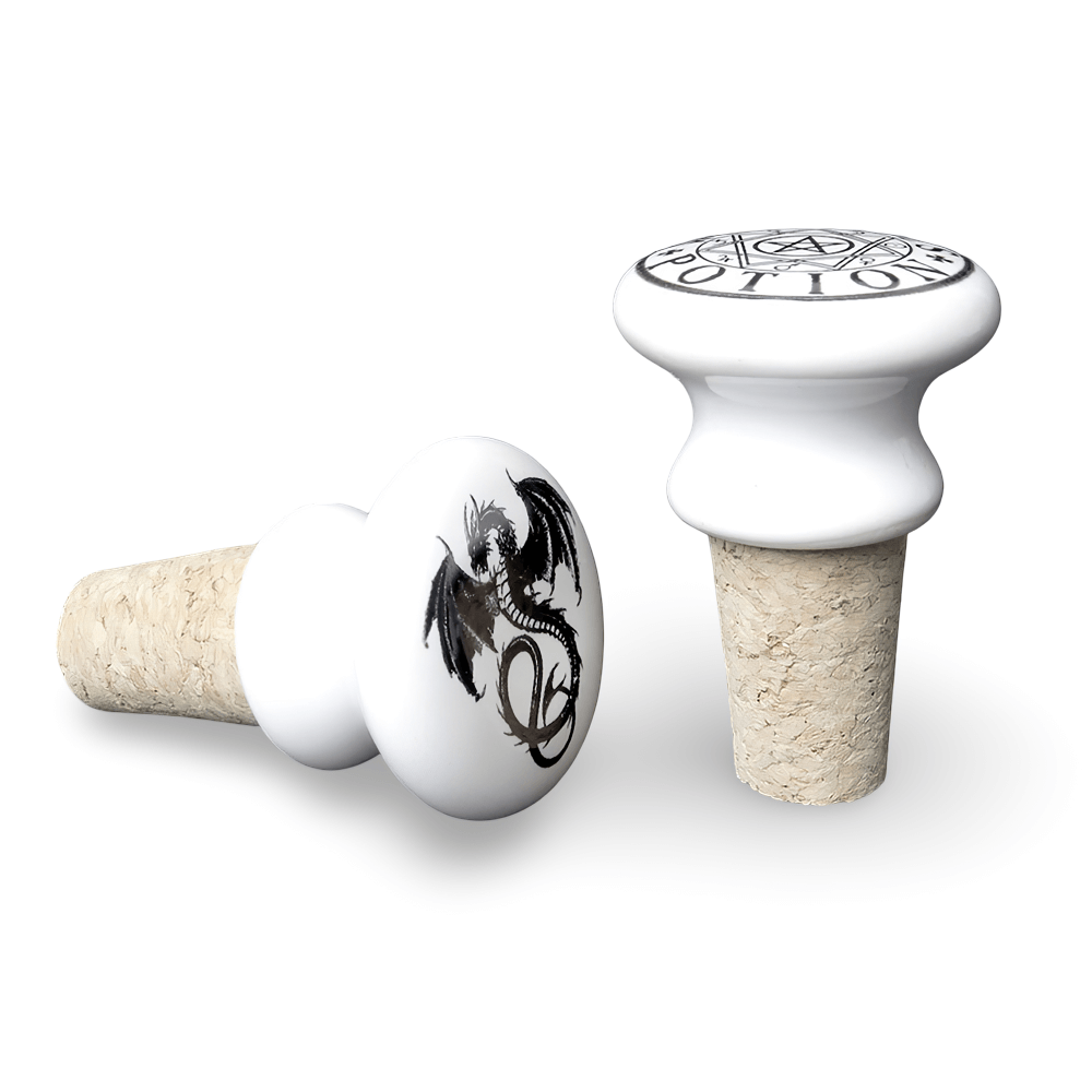 Unique white bottle stopper featuring a dragon design and potion symbol, perfect for magical beverage preservation.