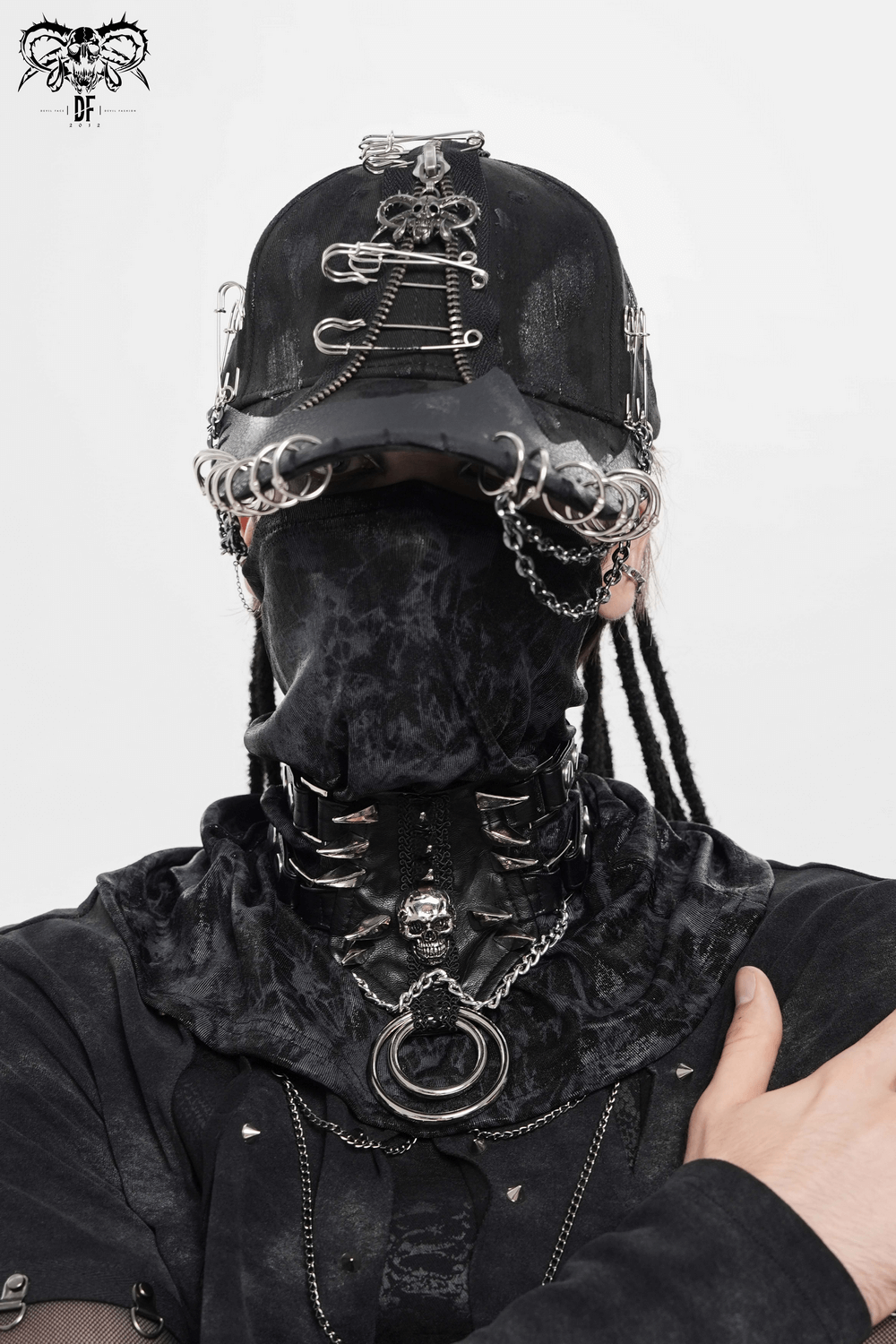 Black Gothic Safety Pin and Chain Baseball Cap worn with gothic accessories for a punk-inspired look.