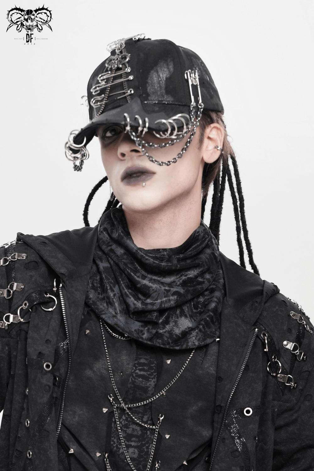 Black Gothic Safety Pin and Chain Baseball Cap worn by a model showcasing edgy punk style.