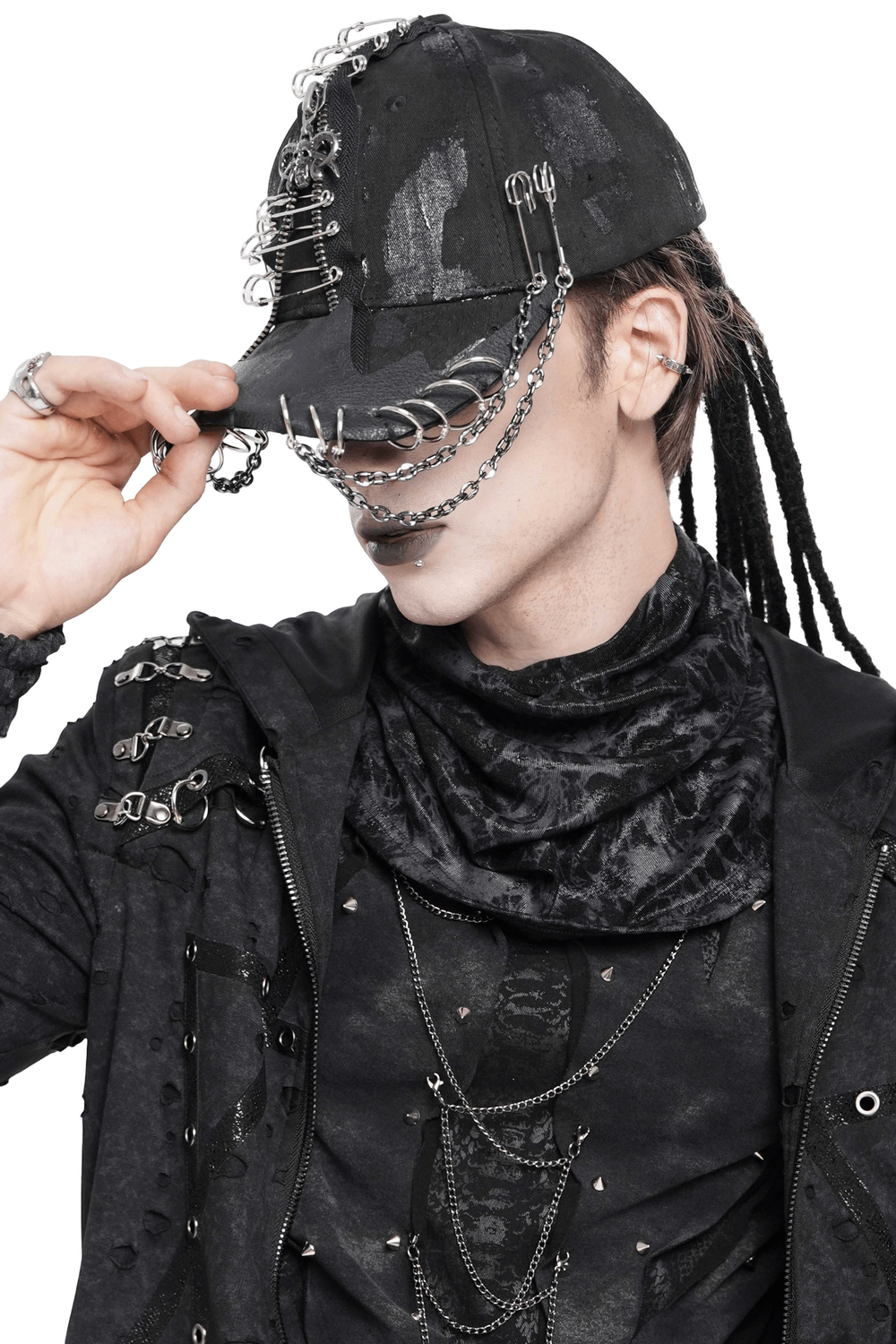 Black Gothic Safety Pin and Chain Baseball Cap worn with edgy style, featuring chains and safety pins for punk looks.