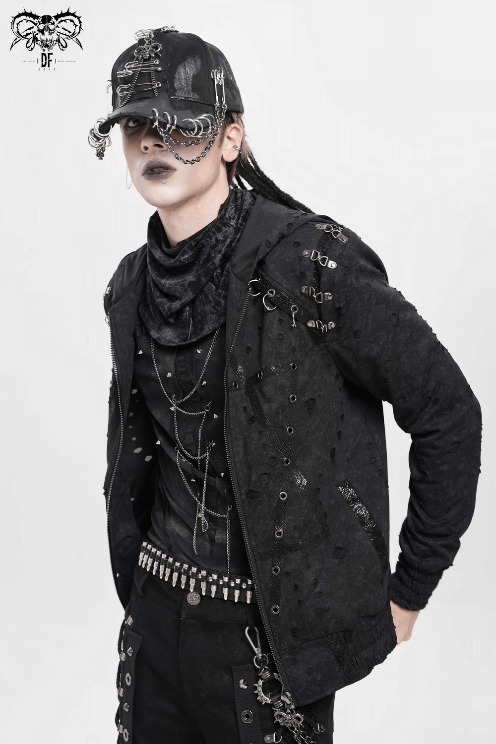 Black Gothic Safety Pin and Chain Baseball Cap worn with edgy black outfit and accessories for a punk look.