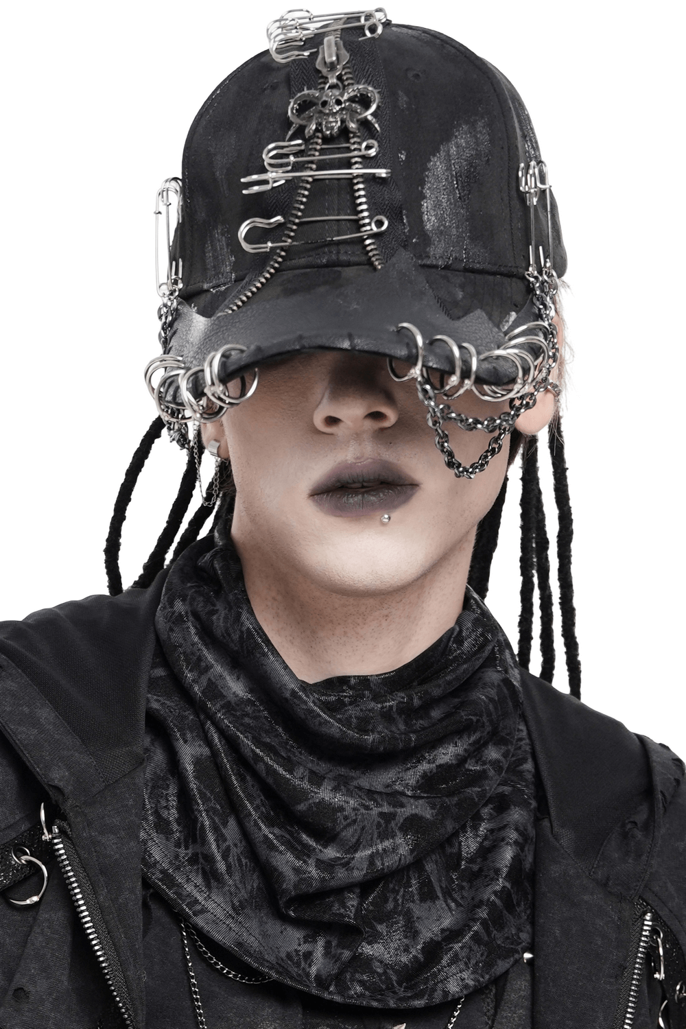 Black Gothic Safety Pin and Chain Baseball Cap worn by a model with piercings and edgy styling for punk fashion.