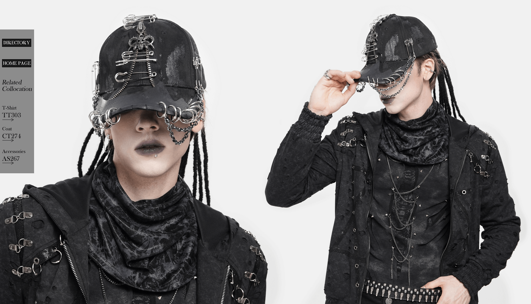 Black Gothic Safety Pin and Chain Baseball Cap worn by model with punk style outfit and accessories.