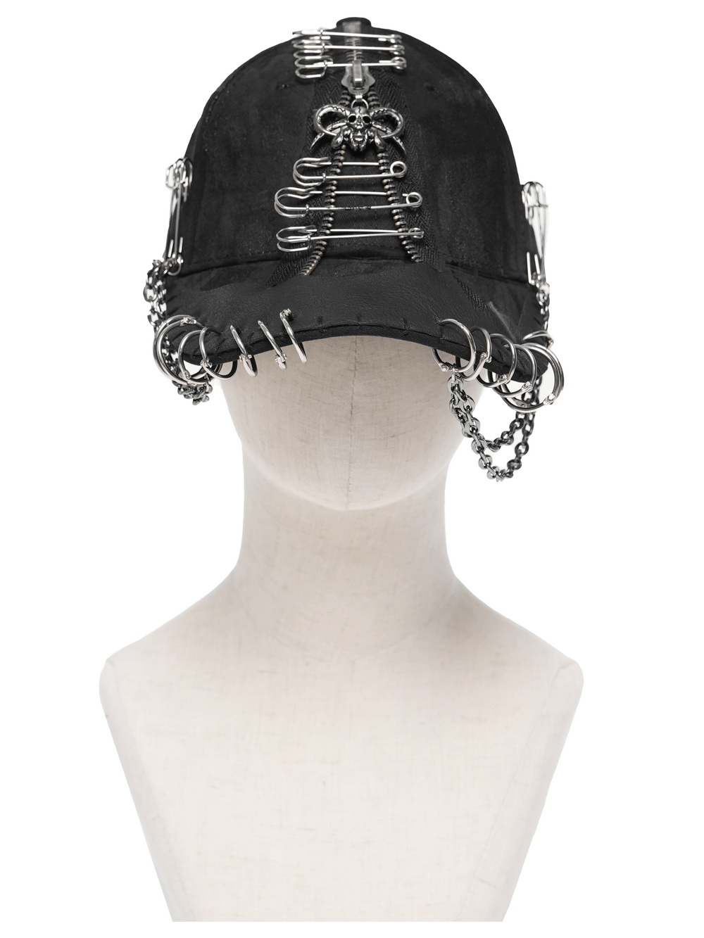 Black Gothic Safety Pin and Chain Baseball Cap featuring safety pins, chains, and a metal ram emblem.