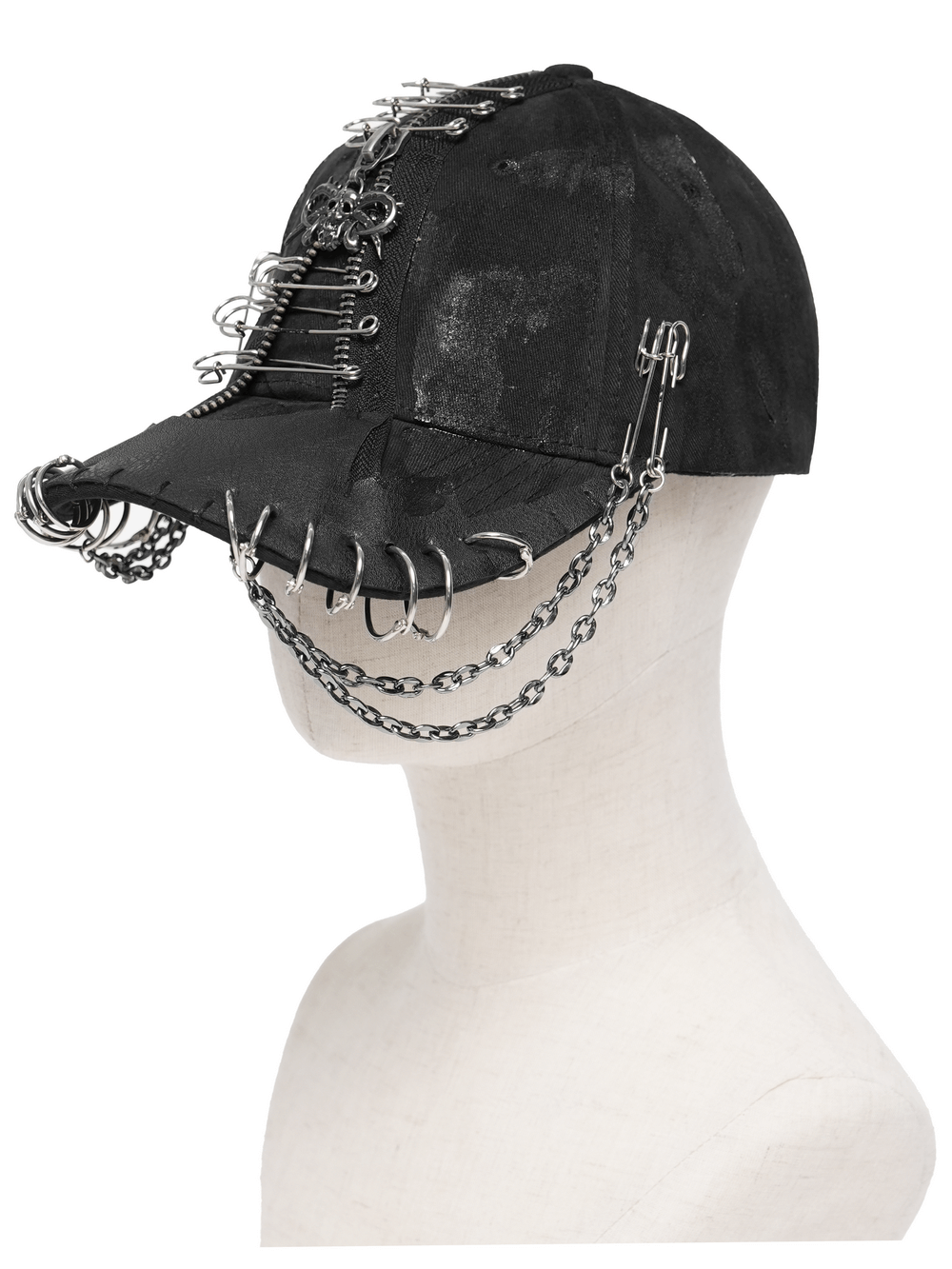 Black Gothic Safety Pin and Chain Baseball Cap with chains and safety pins for punk style.