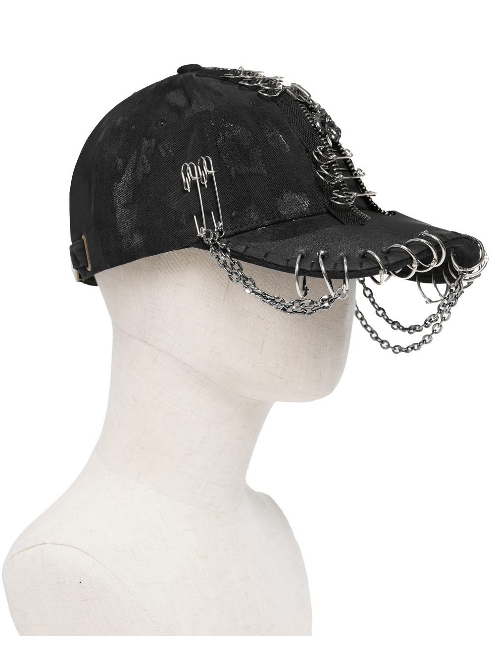 Black Gothic Safety Pin and Chain Baseball Cap with chains and safety pins for punk style