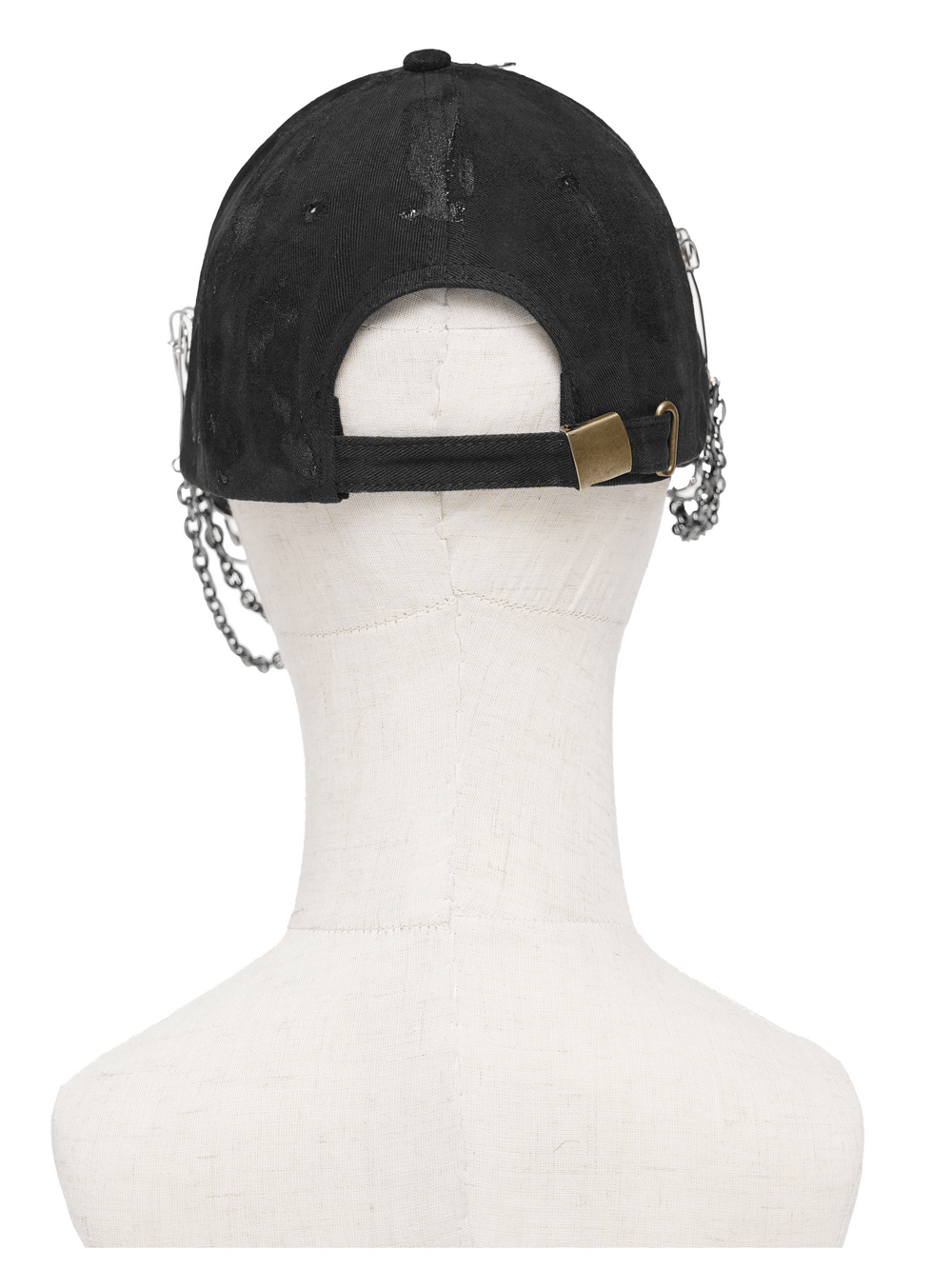 Back view of Black Gothic Safety Pin and Chain Baseball Cap with chains and adjustable strap.
