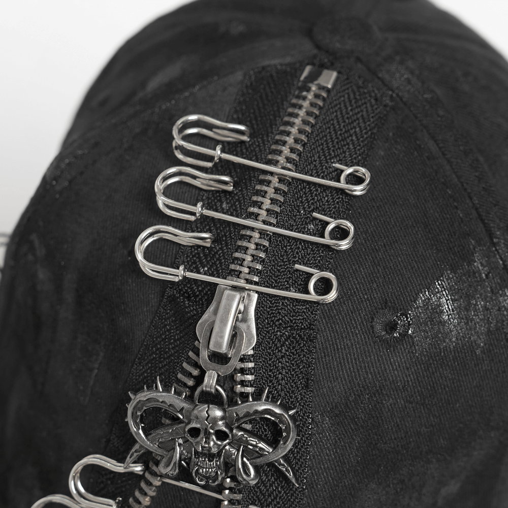 Black Gothic Safety Pin and Chain Baseball Cap close-up showcasing safety pins and metal accents.