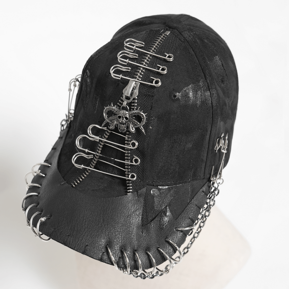 Black Gothic Safety Pin and Chain Baseball Cap featuring safety pins, chains, and a metal ram emblem for punk style.