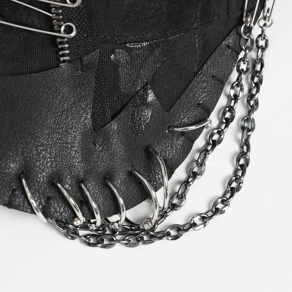 Black Gothic Safety Pin and Chain Baseball Cap close-up showing chains and safety pins detail.