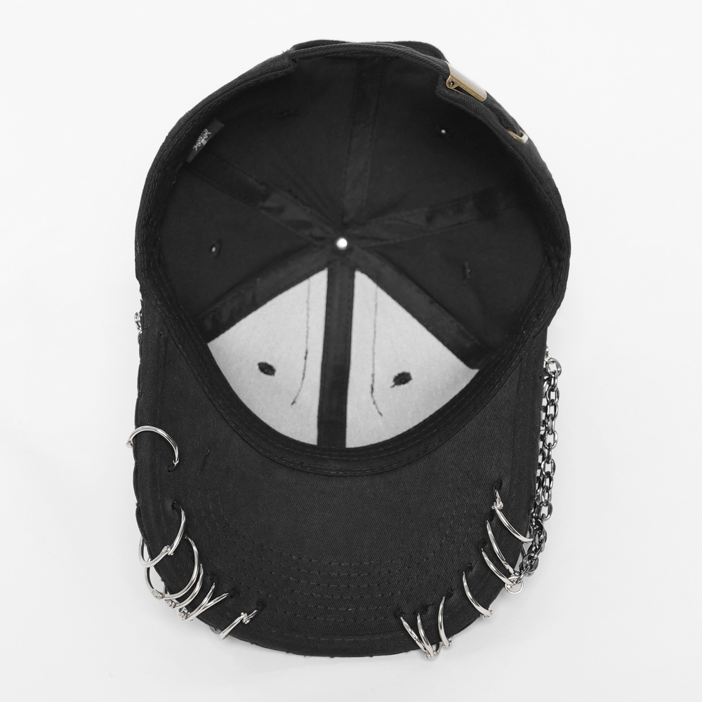 Black Gothic Safety Pin and Chain Baseball Cap showing inner design with chains and safety pins.