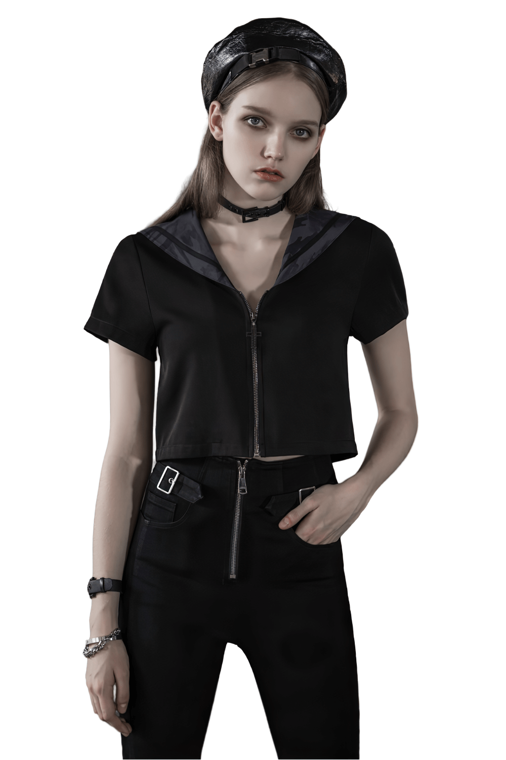 Black Gothic Sailor Collar Crop Jacket with Zipper
