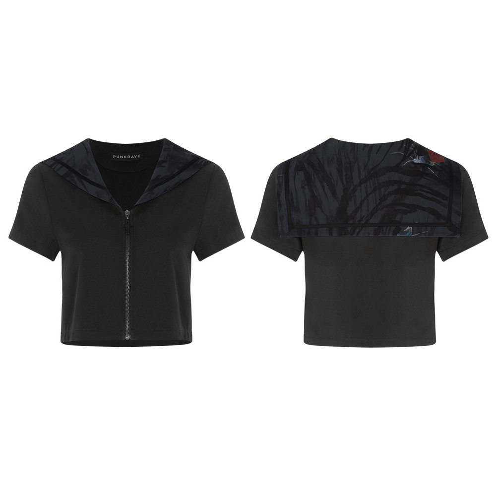 Black Gothic Sailor Collar Crop Jacket with Zipper