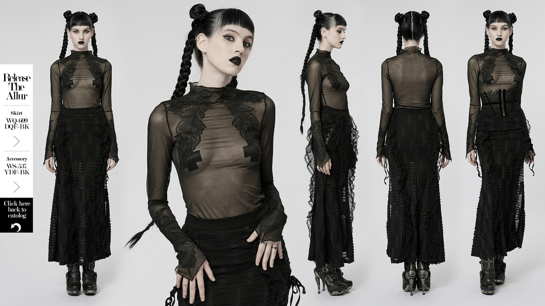 Black Gothic sheer mesh top with intricate lace details, paired with a long skirt, creating a bold punk fashion statement.