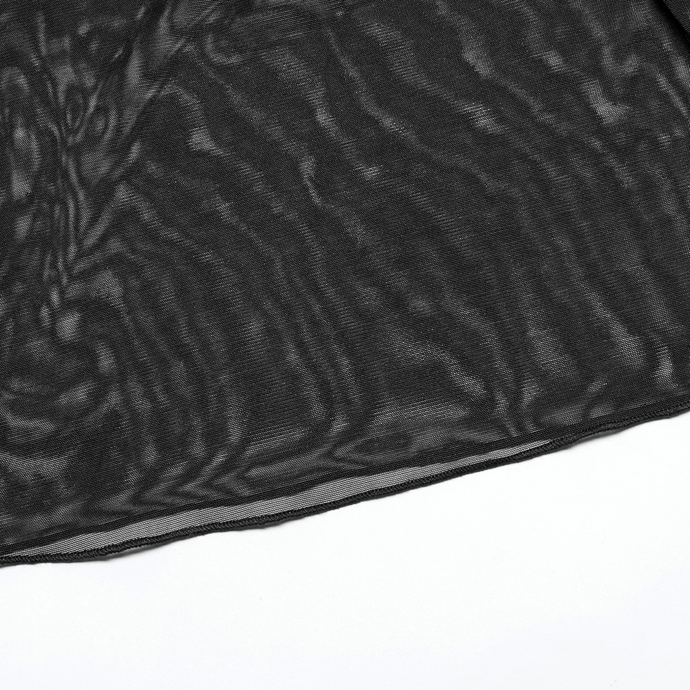 Close-up of sheer black mesh fabric, showcasing textured detail ideal for edgy punk fashion layers.