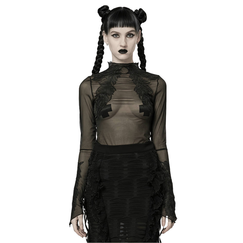 Black Gothic sheer mesh top with feather lace accents, showcasing a stylish punk vibe and edgy sophistication.