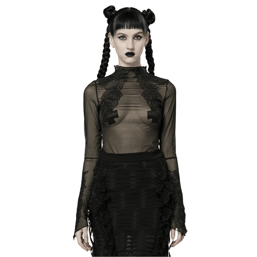 Black Gothic Sheer Mesh Skeleton Feather Lace Top