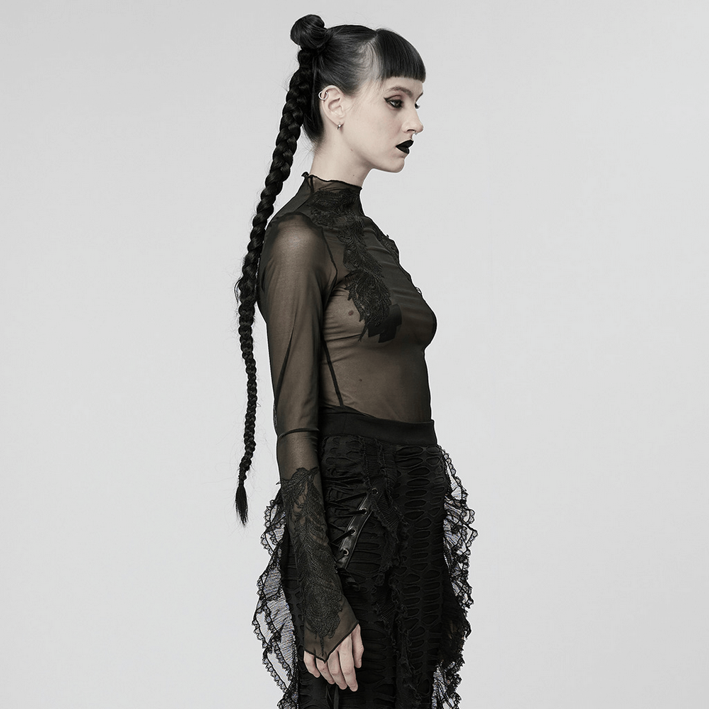 Black Gothic Sheer Mesh Skeleton Feather Lace Top
