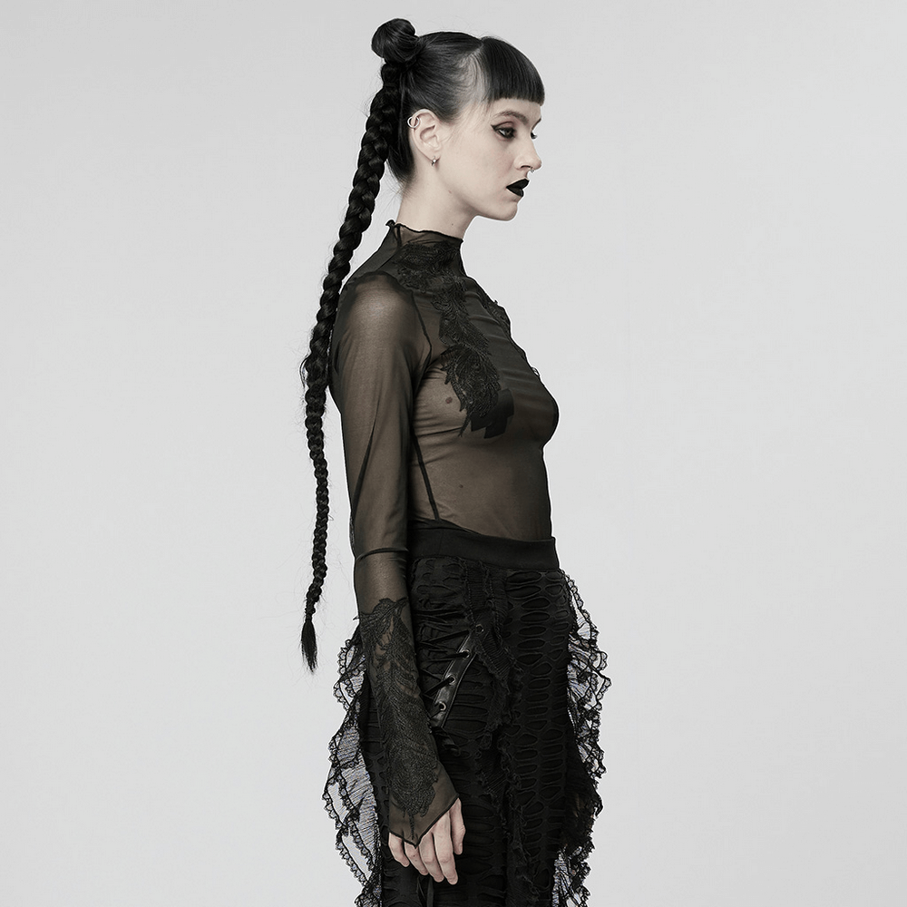 Edgy black gothic sheer mesh top with skeleton embroidery and lace accents, styled with a sleek braid hairstyle.
