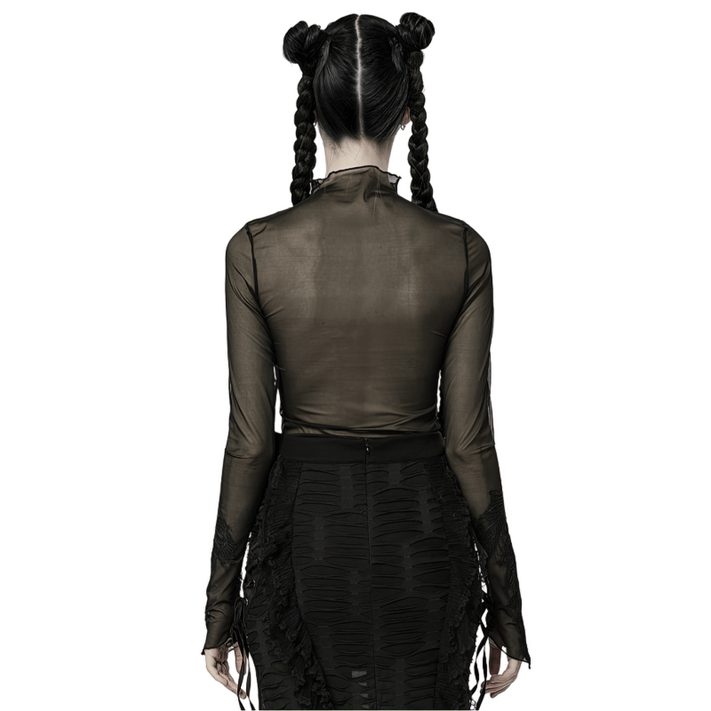 Back view of a black sheer mesh top with a medium-high neck, perfect for a punk gothic style.