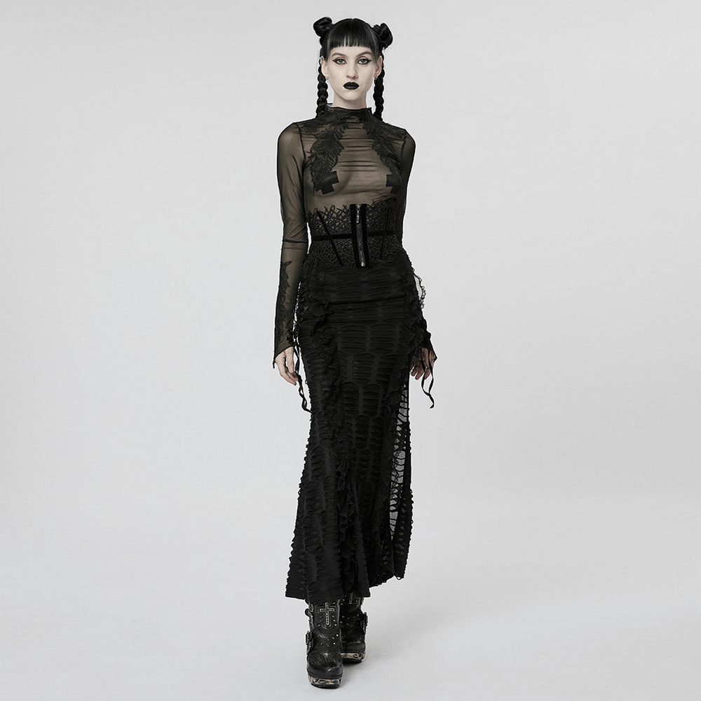 Model wearing Black Gothic Sheer Mesh Skeleton Feather Lace Top with elegant punk style and intricate lace details.