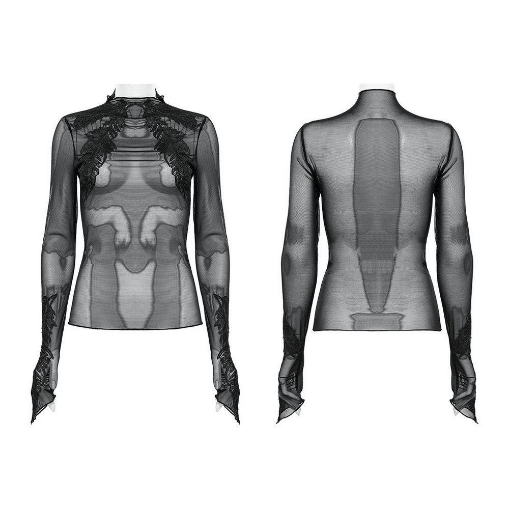 Black Gothic sheer mesh top with skeleton embroidery and lace accents, perfect for punk style outfits.