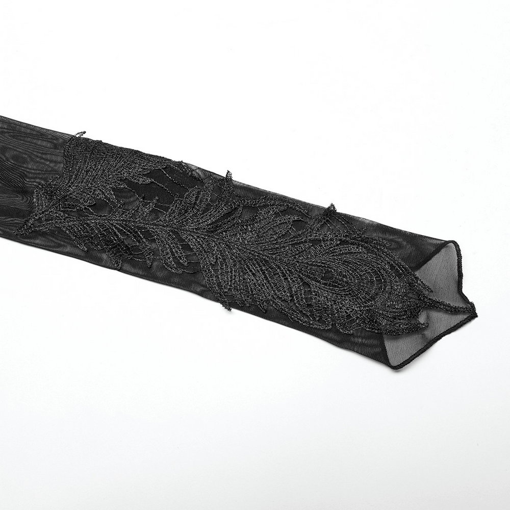 Black sheer mesh fabric with intricate feather-shaped lace embroidery, perfect for gothic or punk style outfits.