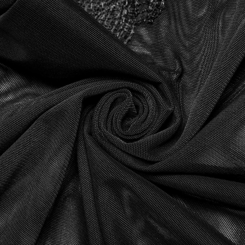 Close-up of soft black sheer mesh fabric, showcasing its textured design perfect for Gothic and punk styles.