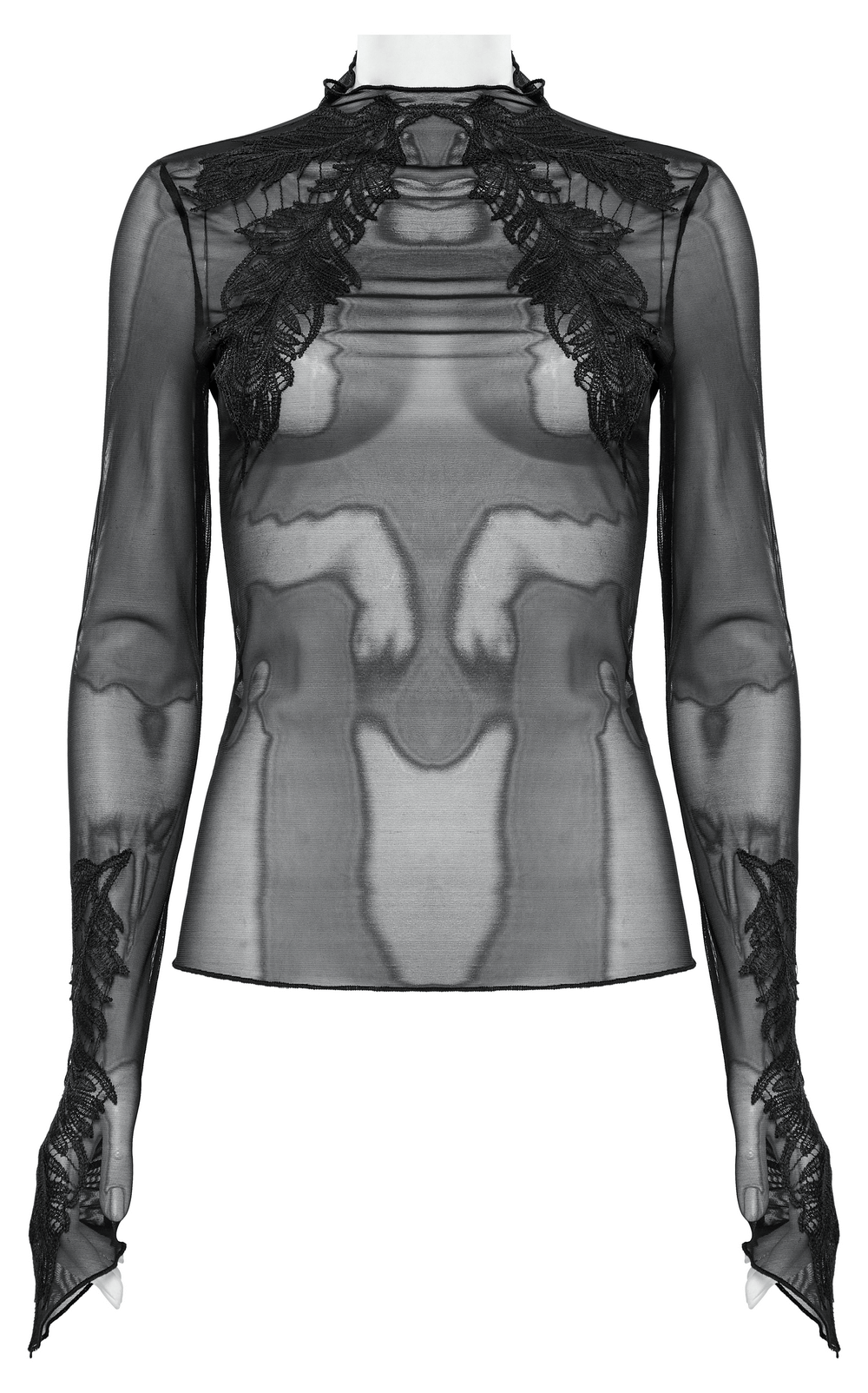 Black Gothic sheer mesh top with skeleton embroidery and feather lace accents, perfect for punk fashion.