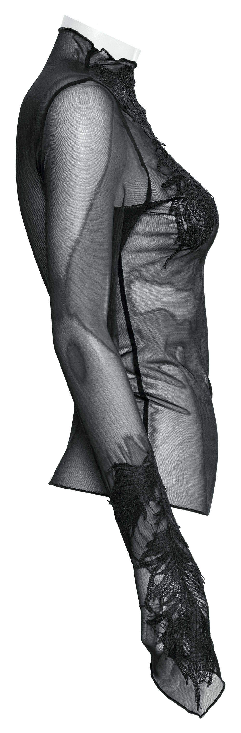 Black gothic sheer mesh top with skeleton embroidery and lace accents, perfect for punk style layering.