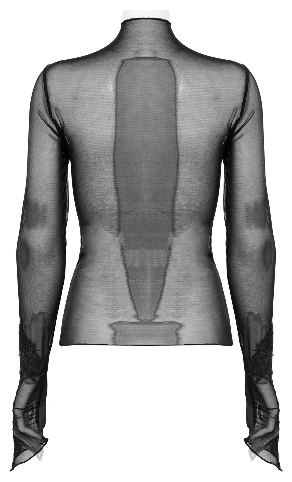 Back view of a Black Gothic Sheer Mesh Skeleton Top with lace accents and long sleeves