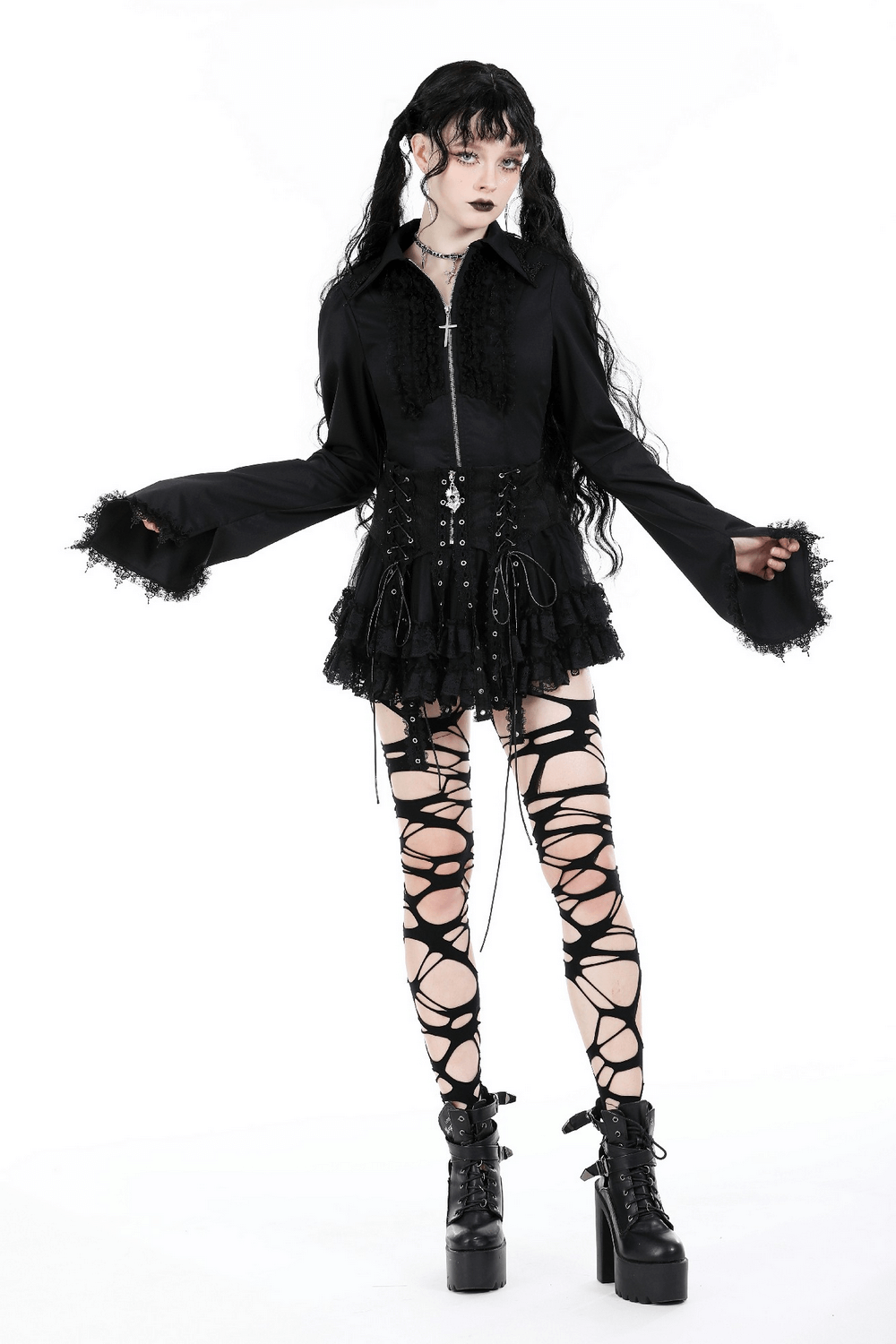 Black Gothic Shirt with Bell Sleeves and Zipper