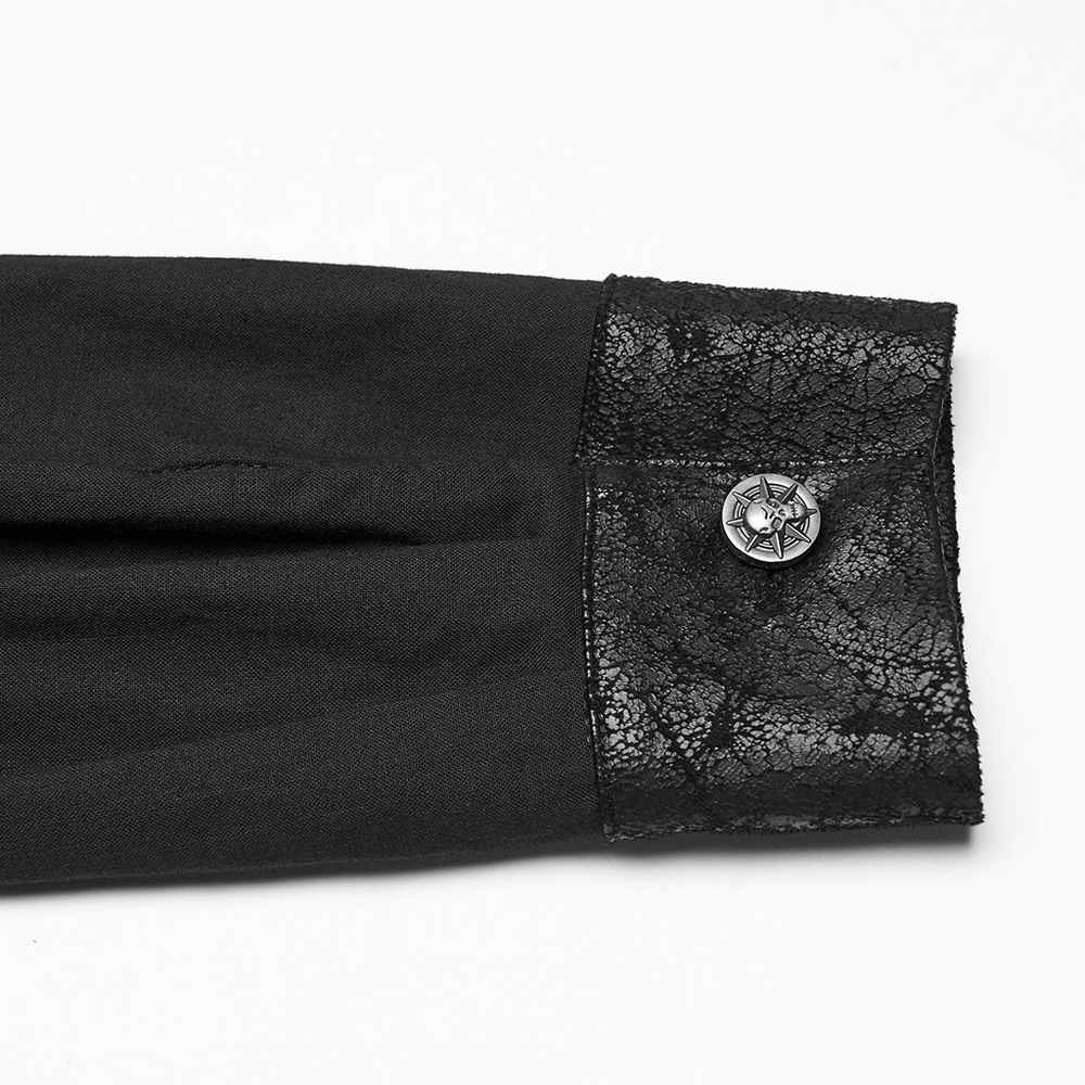 Black Gothic Shirt with Buckle Shoulder and Mesh Detail cuff featuring cracked faux leather and skull button.