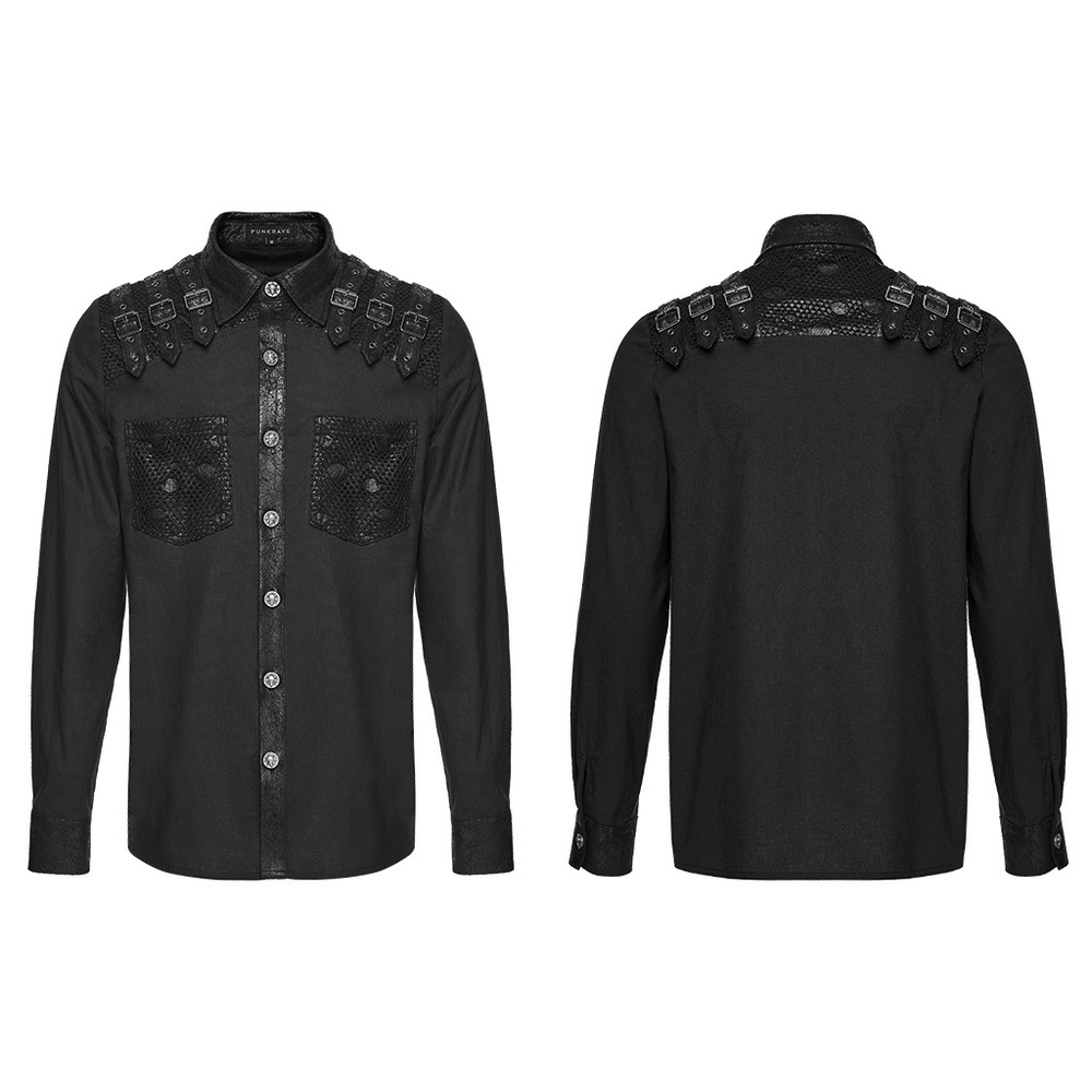 Black Gothic Shirt with Buckle Shoulder and Mesh Detail featuring skull buttons and edgy design.