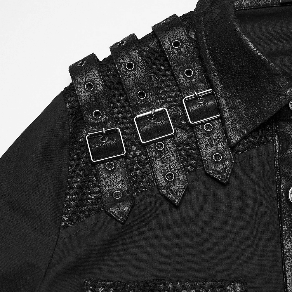 Black Gothic Shirt with Buckle Shoulder and Mesh Detail featuring unique shoulder buckles and intricate mesh design.