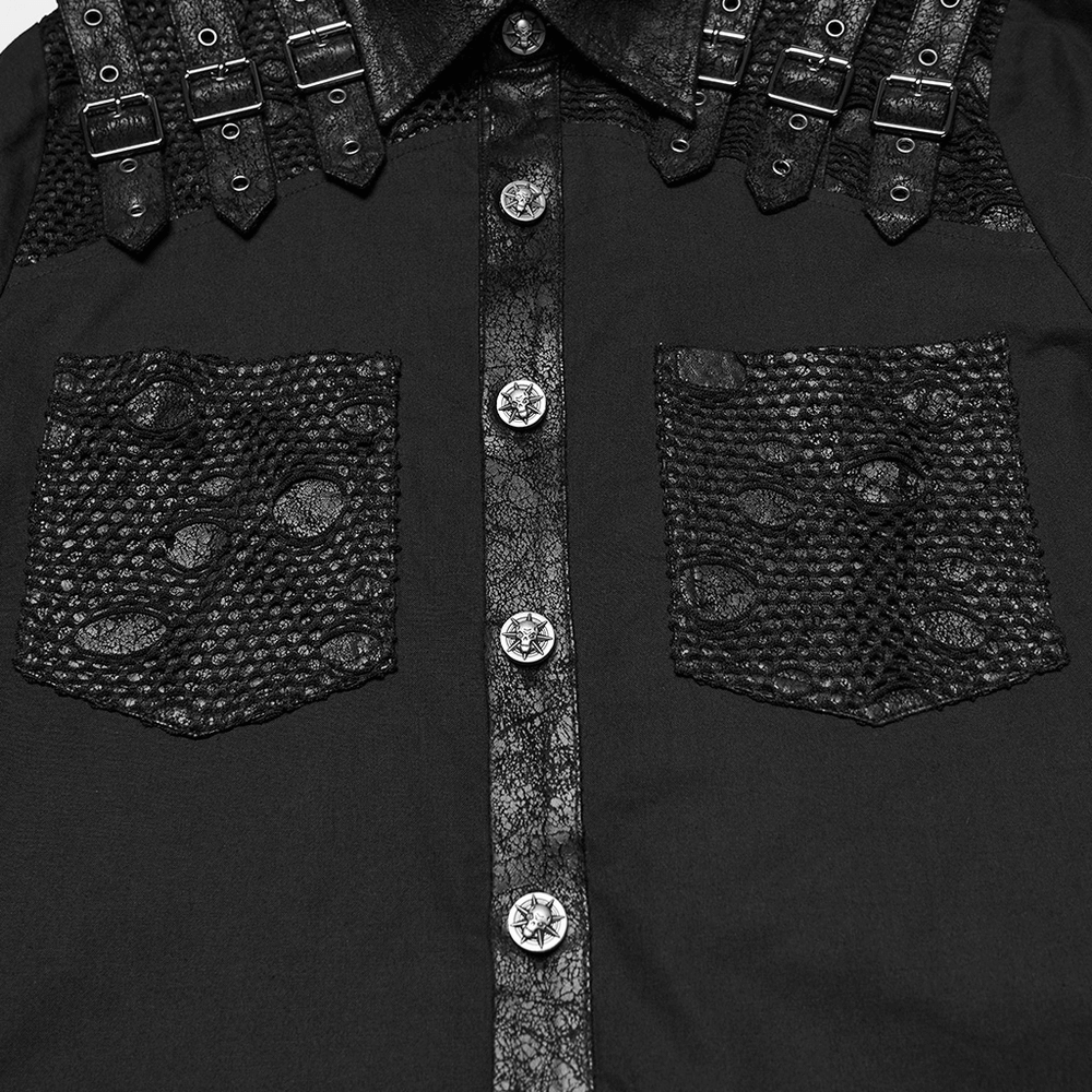 Black Gothic Shirt with Buckle Shoulder and Mesh Detail showcasing detailed shoulder buckles and mesh pockets.