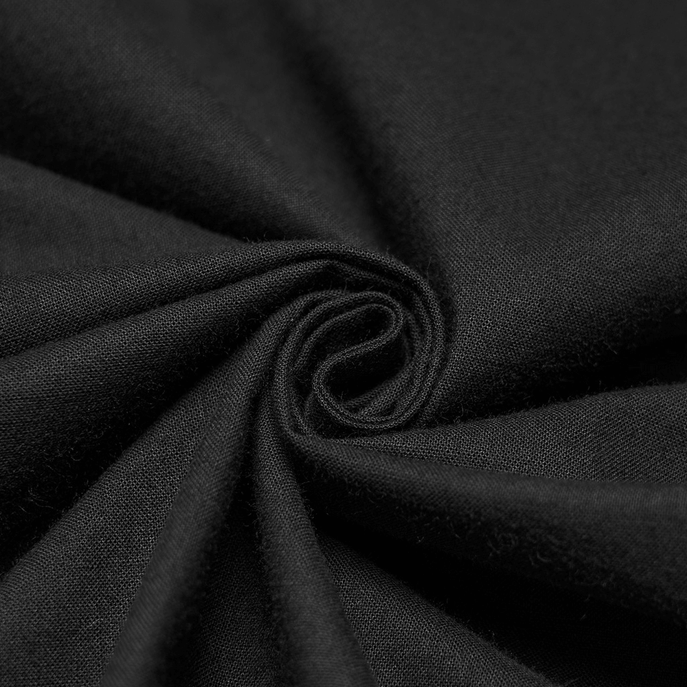 Black Gothic Shirt with Buckle Shoulder and Mesh Detail fabric close-up, showcasing soft black twill material.