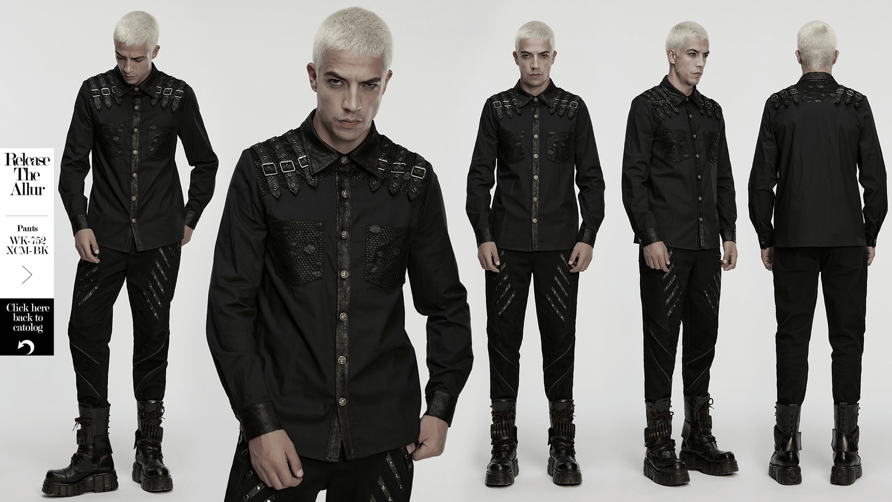 Black Gothic Shirt with Buckle Shoulder and Mesh Detail displayed on a model, showcasing its punk rock style and skull buttons.