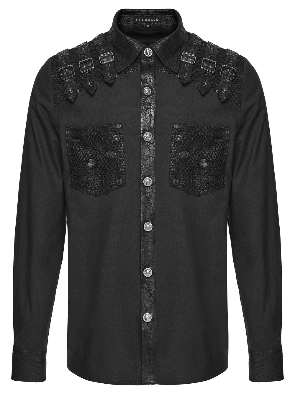 Black Gothic Shirt with Buckle Shoulder and Mesh Detail featuring skull buttons and edgy design.
