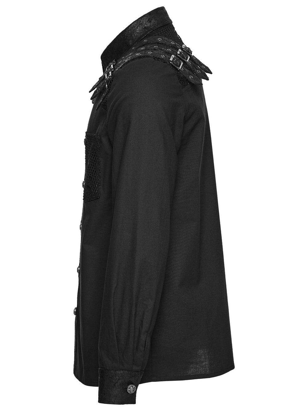 Black Gothic Shirt with Buckle Shoulder and Mesh Detail showcasing unique side view design and skull buttons.