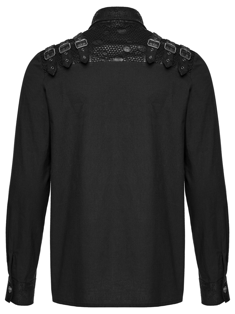 Black Gothic Shirt with Buckle Shoulder and Mesh Detail showcasing back view with shoulder buckles and mesh design.