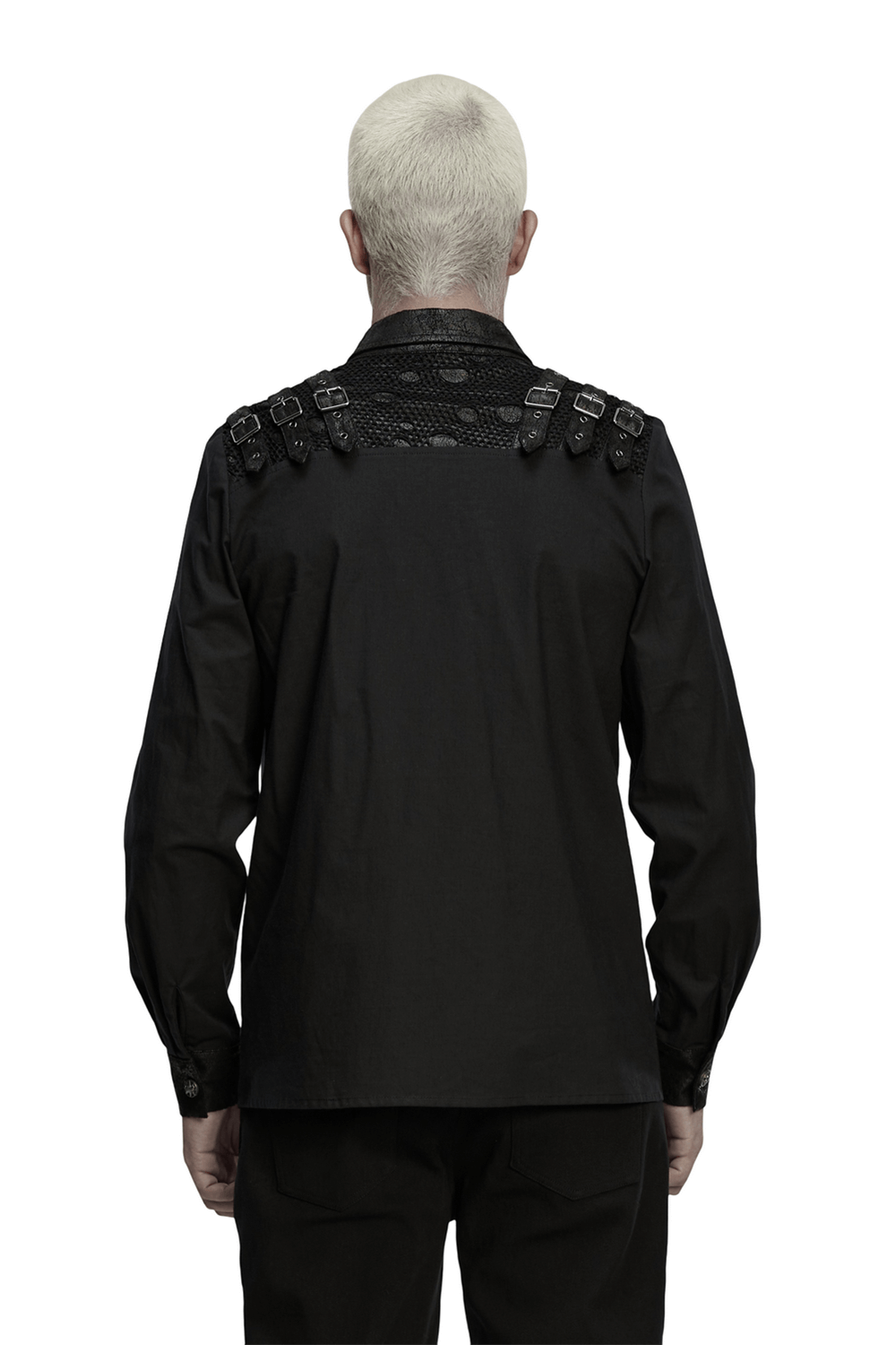 Back view of Black Gothic Shirt with Buckle Shoulder and Mesh Detail showcasing unique buckle design.