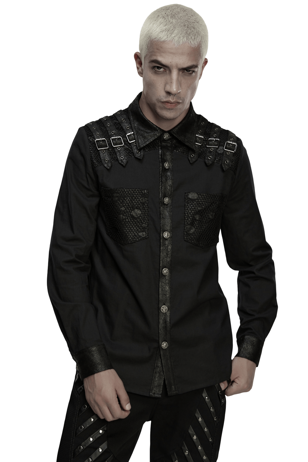 Black Gothic Shirt with Buckle Shoulder and Mesh Detail worn by model, featuring shoulder buckles and skull buttons.