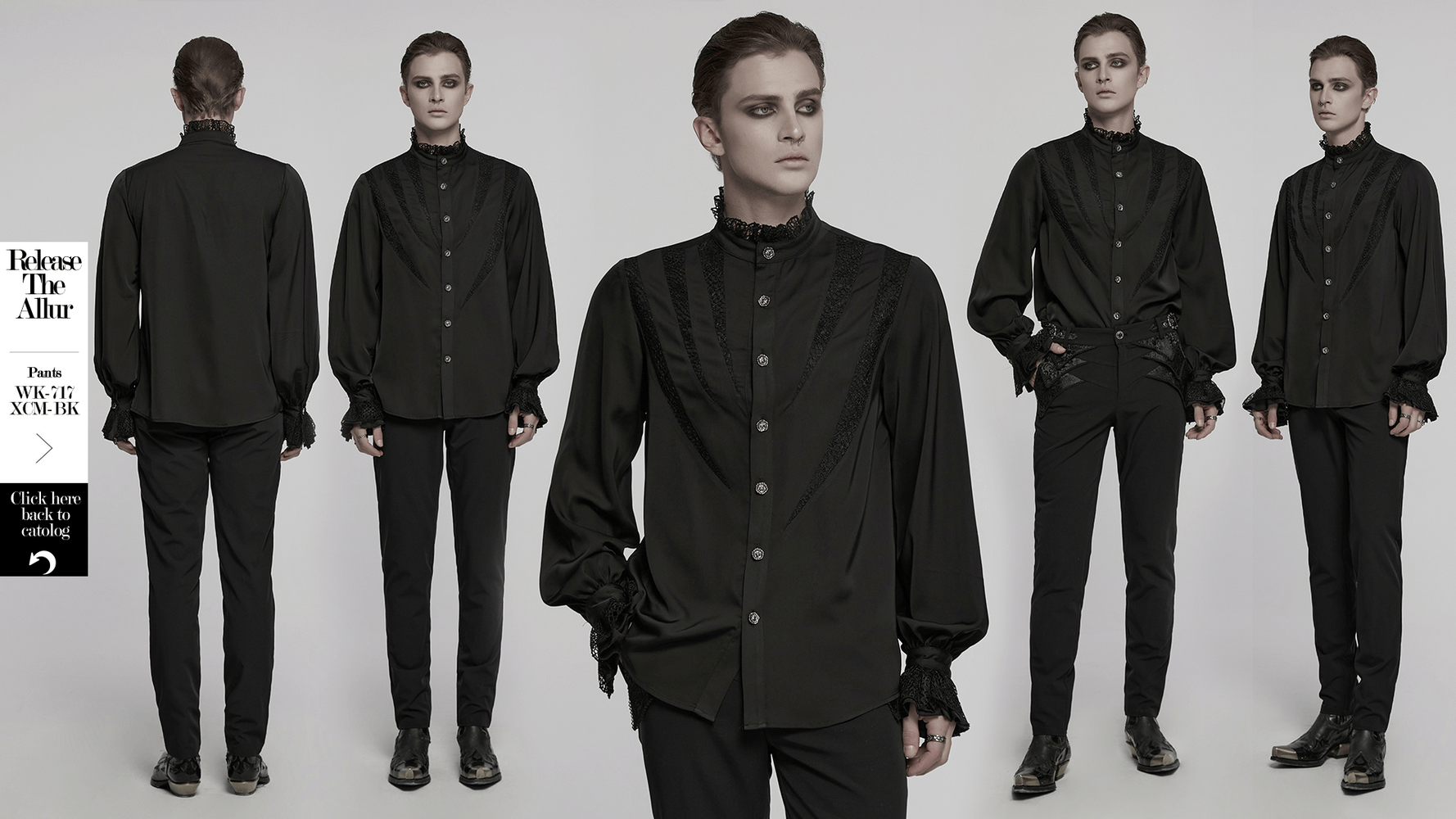 Black gothic shirt with lace details and dramatic segmentation, styled for bold gothic fashion.