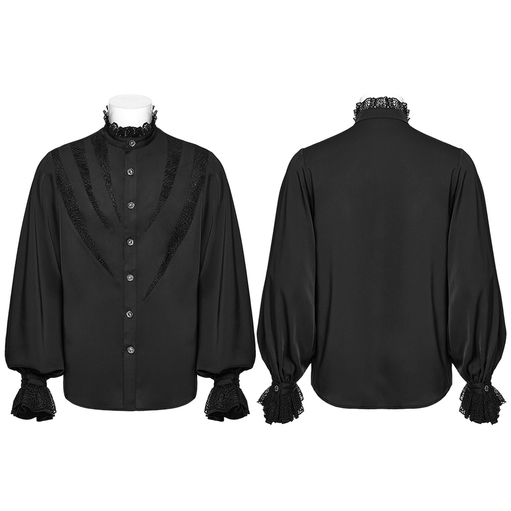 Black Gothic shirt with lace and chiffon details, featuring a structured silhouette and ruffled collar.