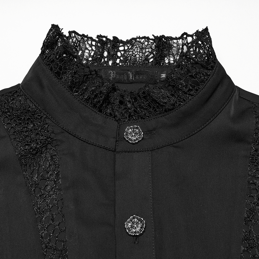 Close-up of a black gothic shirt featuring lace collar and button details, perfect for dark elegance.